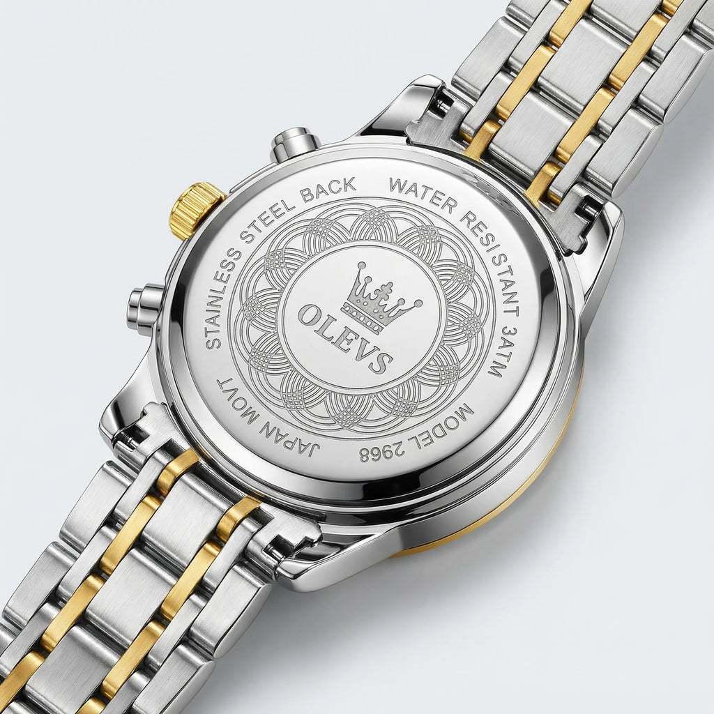 Classic straight-on view of a heavy duty gold tone watch, a durable everyday accessory.