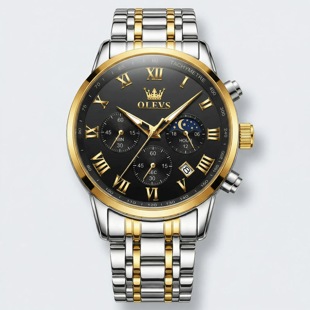 Detailed front view of a robust gold tone watch with a black dial, a commanding analog watch for men.