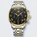 Detailed front view of a robust gold tone watch with a black dial, a commanding analog watch for men.