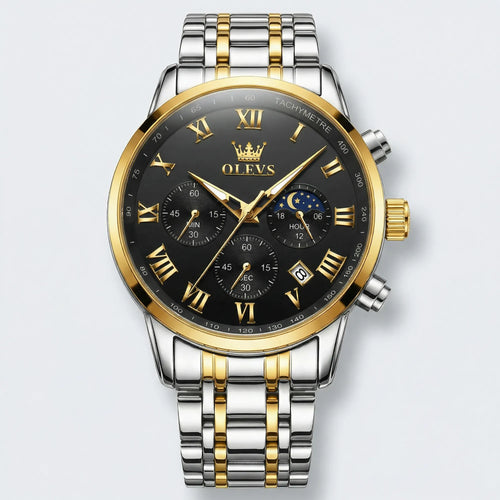 Detailed front view of a robust gold tone watch with a black dial, a commanding analog watch for men.