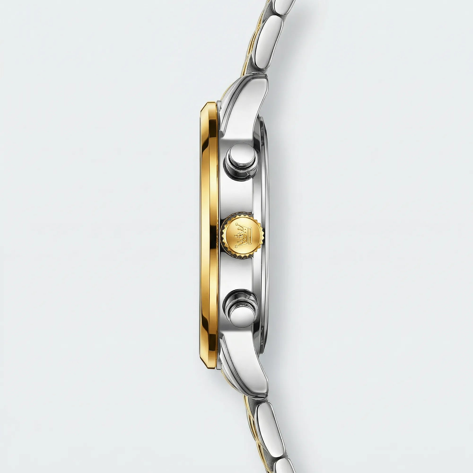 Angled presentation of a heavy duty gold watch, a rugged chronograph watch.