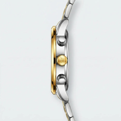 Angled presentation of a heavy duty gold watch, a rugged chronograph watch.