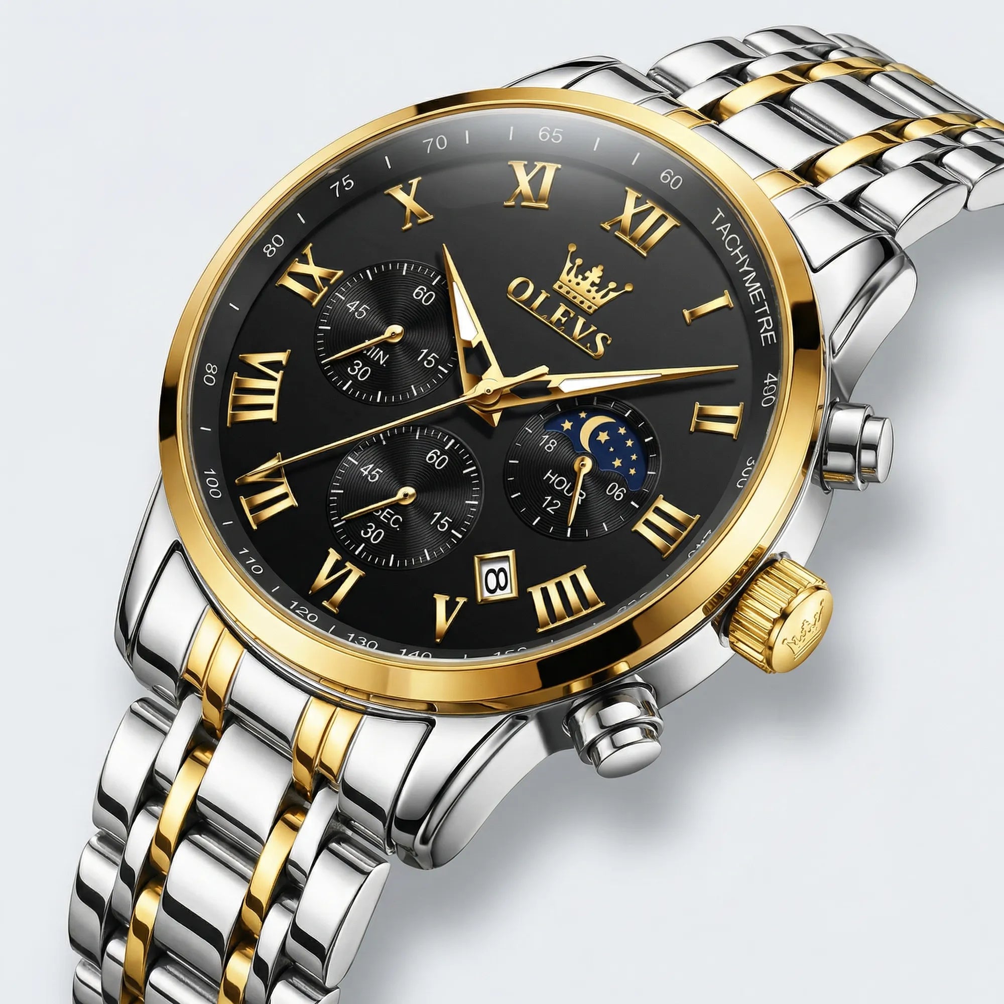 Side profile showing the strong case of a heavy duty gold watch, a premium business watch.