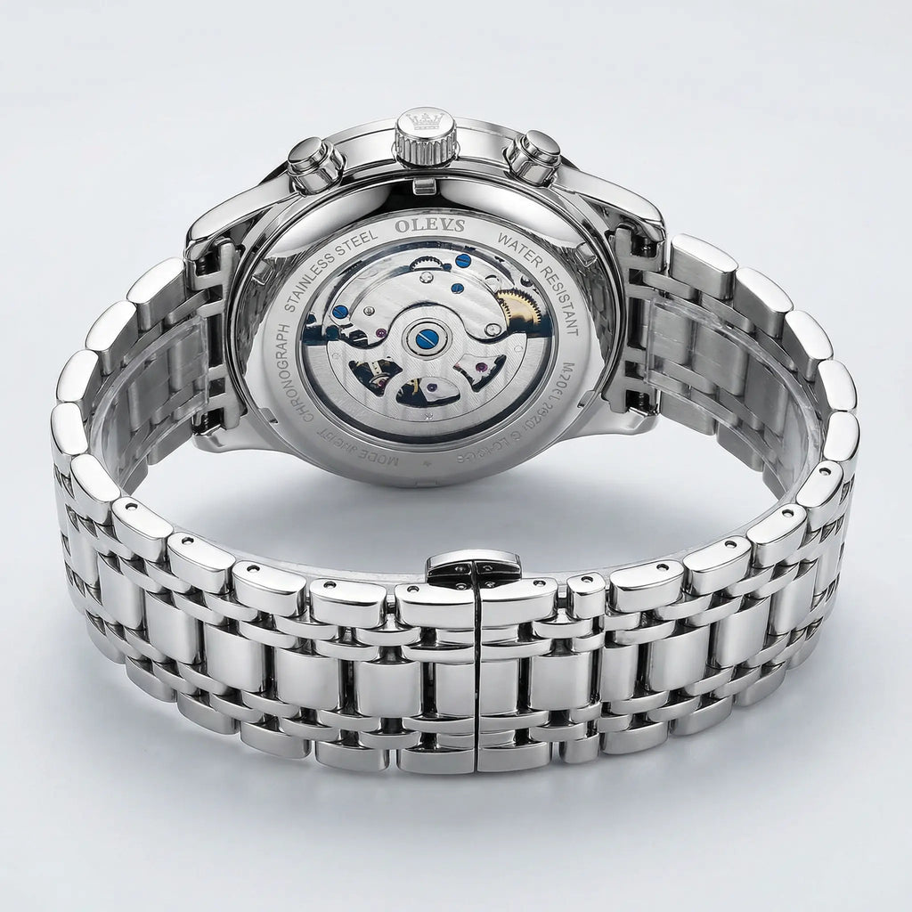 Classic straight-on view of a heavy duty silver watch, a durable everyday accessory.