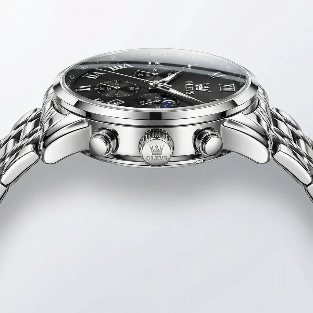 Angled presentation of a heavy duty silver watch, a rugged chronograph watch.