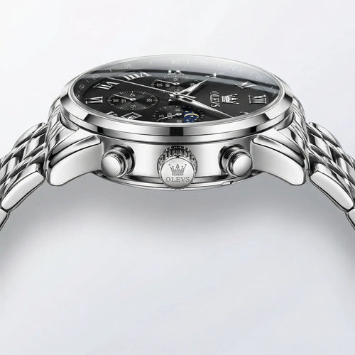 Angled presentation of a heavy duty silver watch, a rugged chronograph watch.