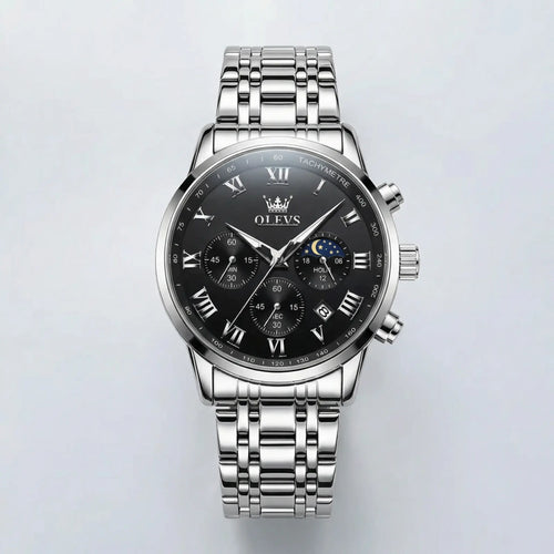 Detailed front view of a robust silver watch with a black dial, a commanding analog watch for men.