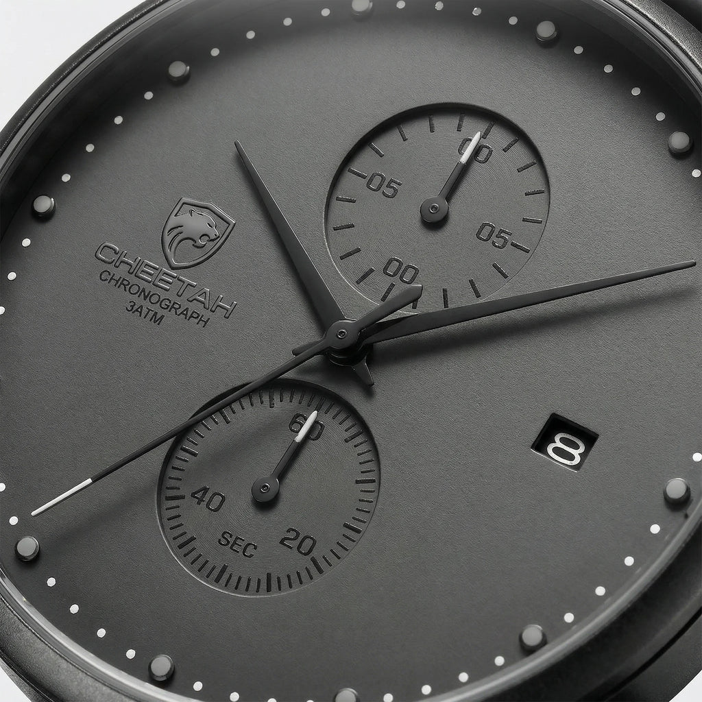 Classic straight-on view of a slim gray watch, a timeless simple watch for men.