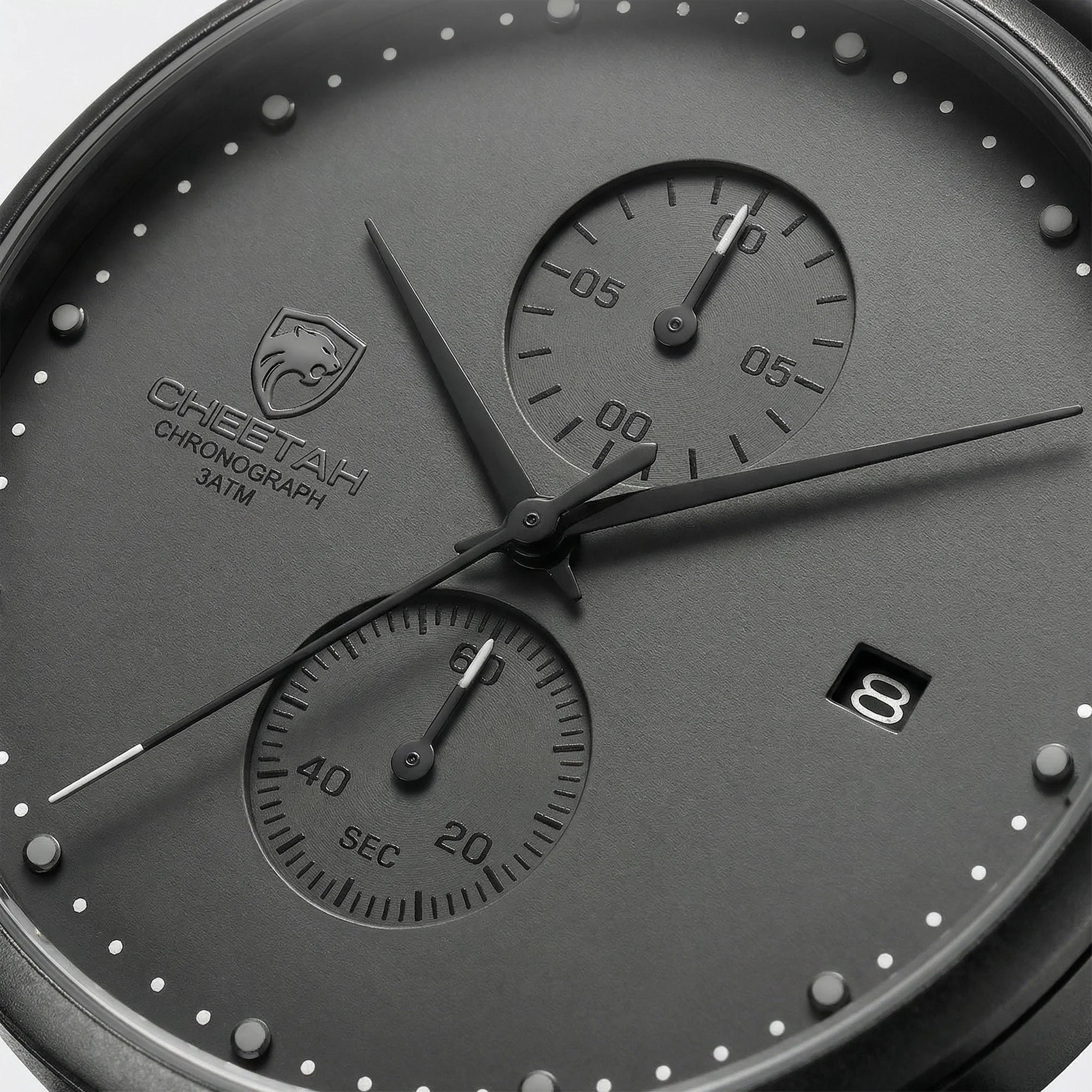 Classic straight-on view of a slim gray watch, a timeless simple watch for men.