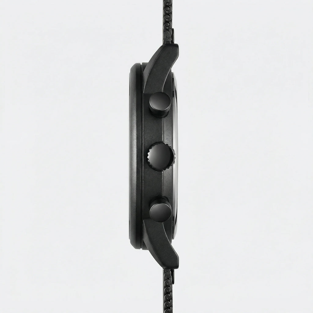 Angled presentation of an ultra-thin gray watch, a sleek choice among slim watches for men.