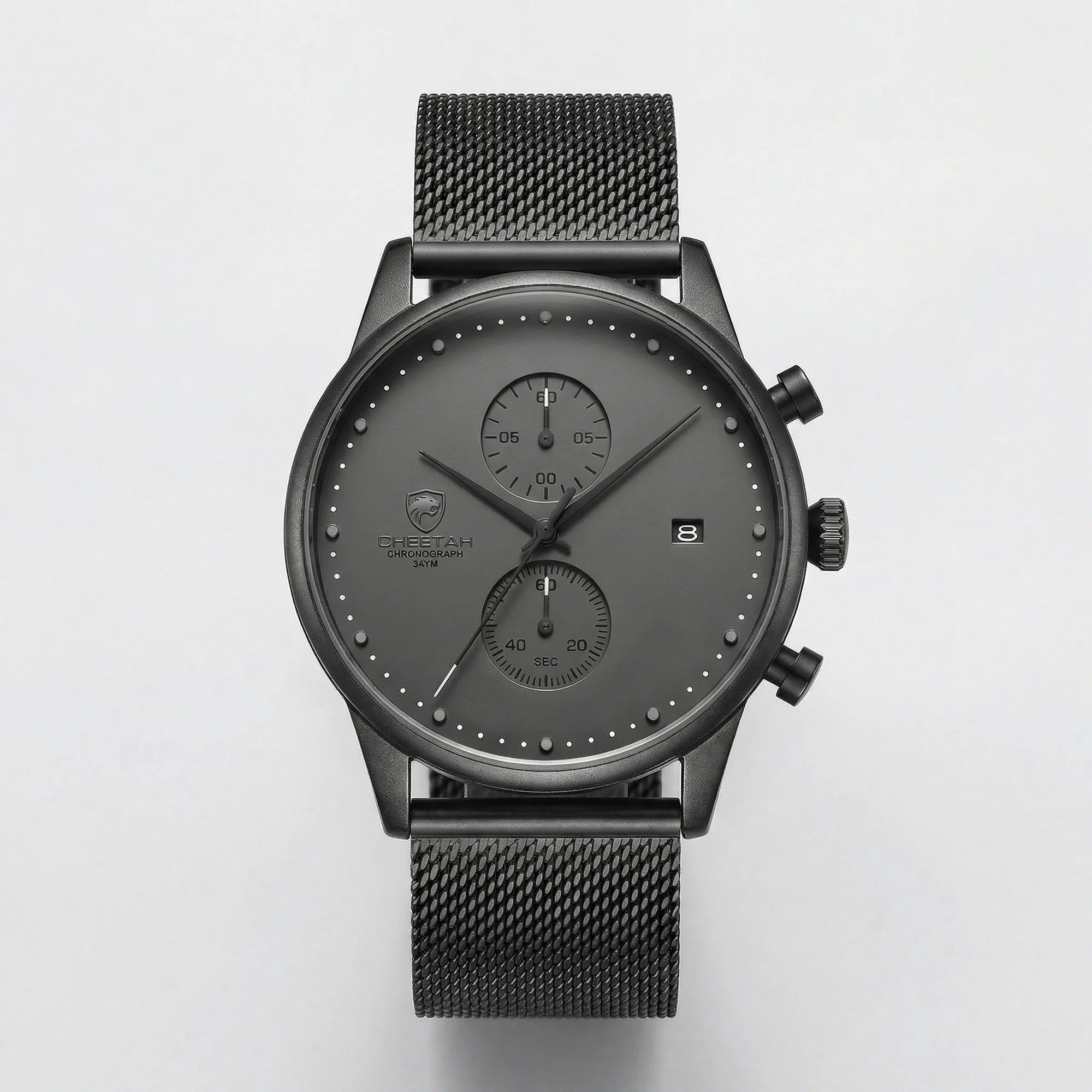Detailed front view of a slim gray watch with a mesh band, an elegant minimalist watch for men.