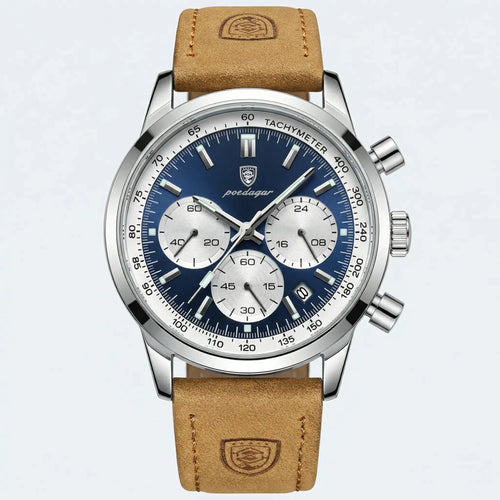 Detailed front view of a rugged sport watch with a silver and blue design, a robust chronograph watch.