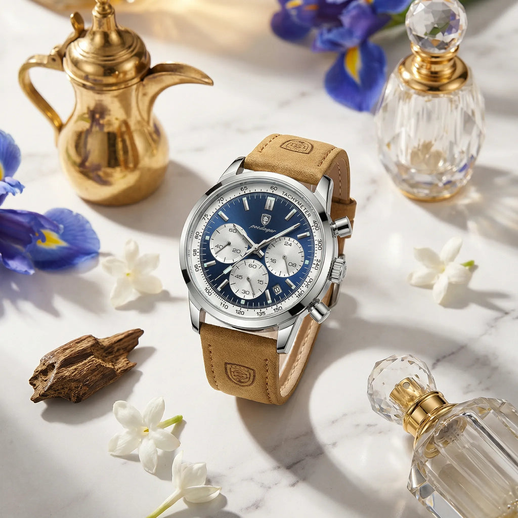 Close-up detailing the rugged bezel and blue dial of a robust chronograph watch.