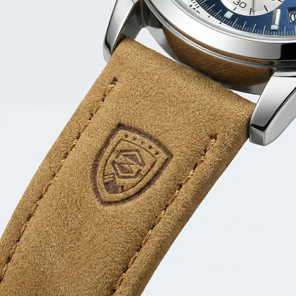 Classic straight-on view of a rugged silver and blue sport watch, a versatile everyday watch.