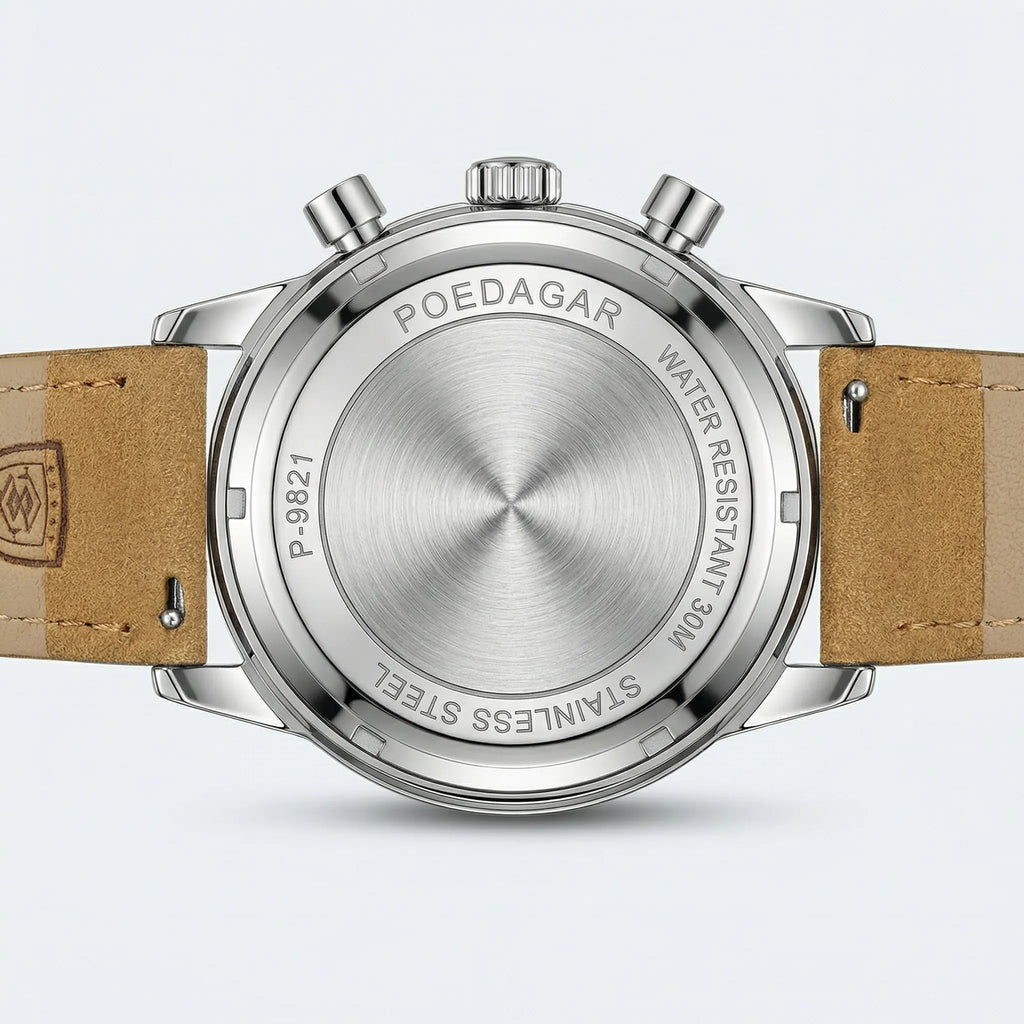 Detailed view of the flexible strap on a rugged silver and blue sports watch.