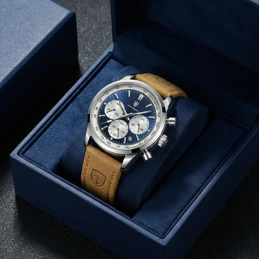 Front presentation of a striking blue dial sport watch, a top tier analog watch for men.