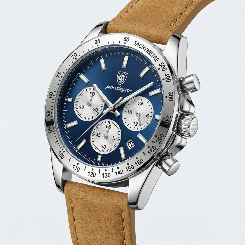 Side profile showing the strong case of a silver and blue waterproof sport watch, an excellent active watch.