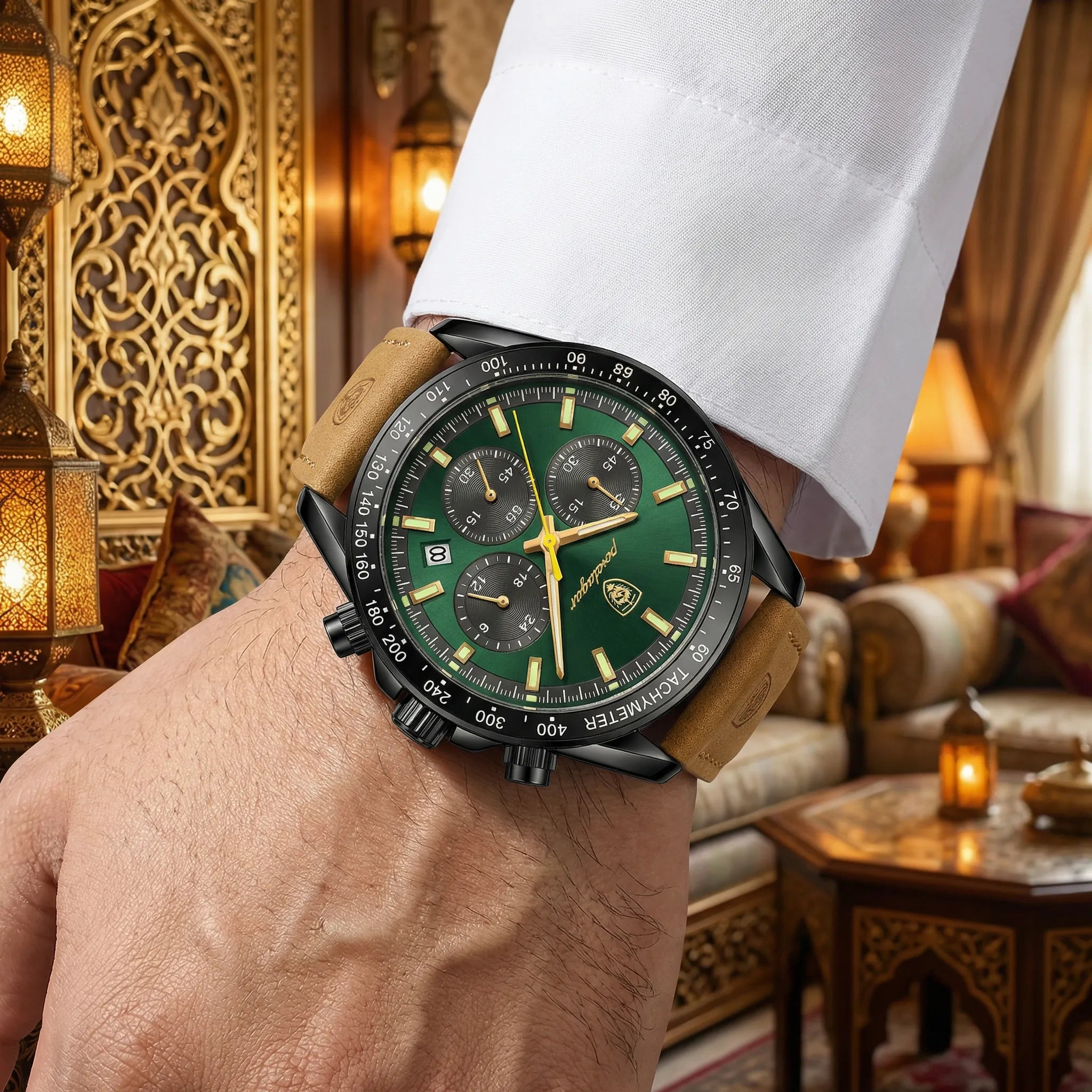 Premium black and green sport watch presented carefully, a standout piece for men.