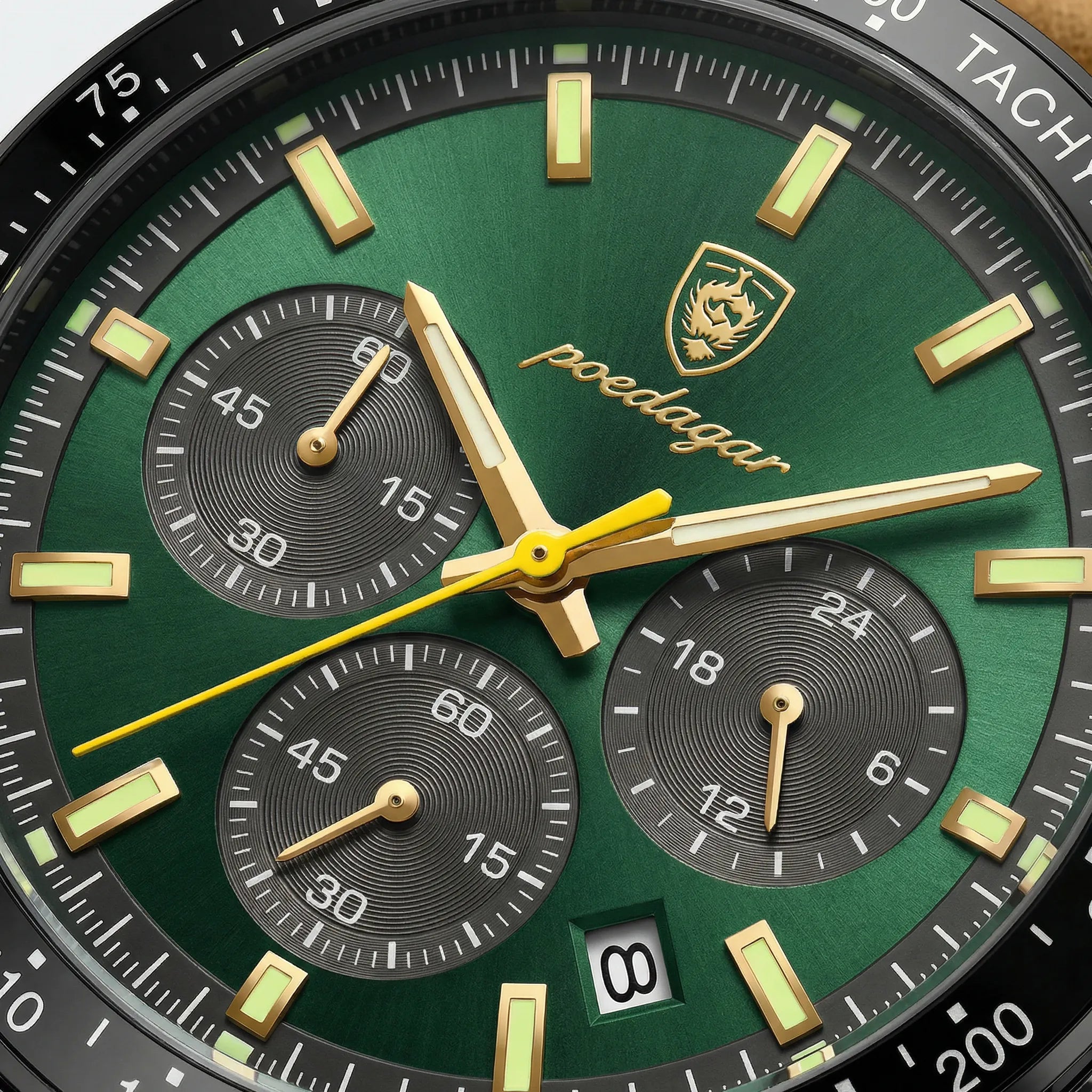 Close-up of the luminous dial on a black and green sport watch, ensuring perfect readability.