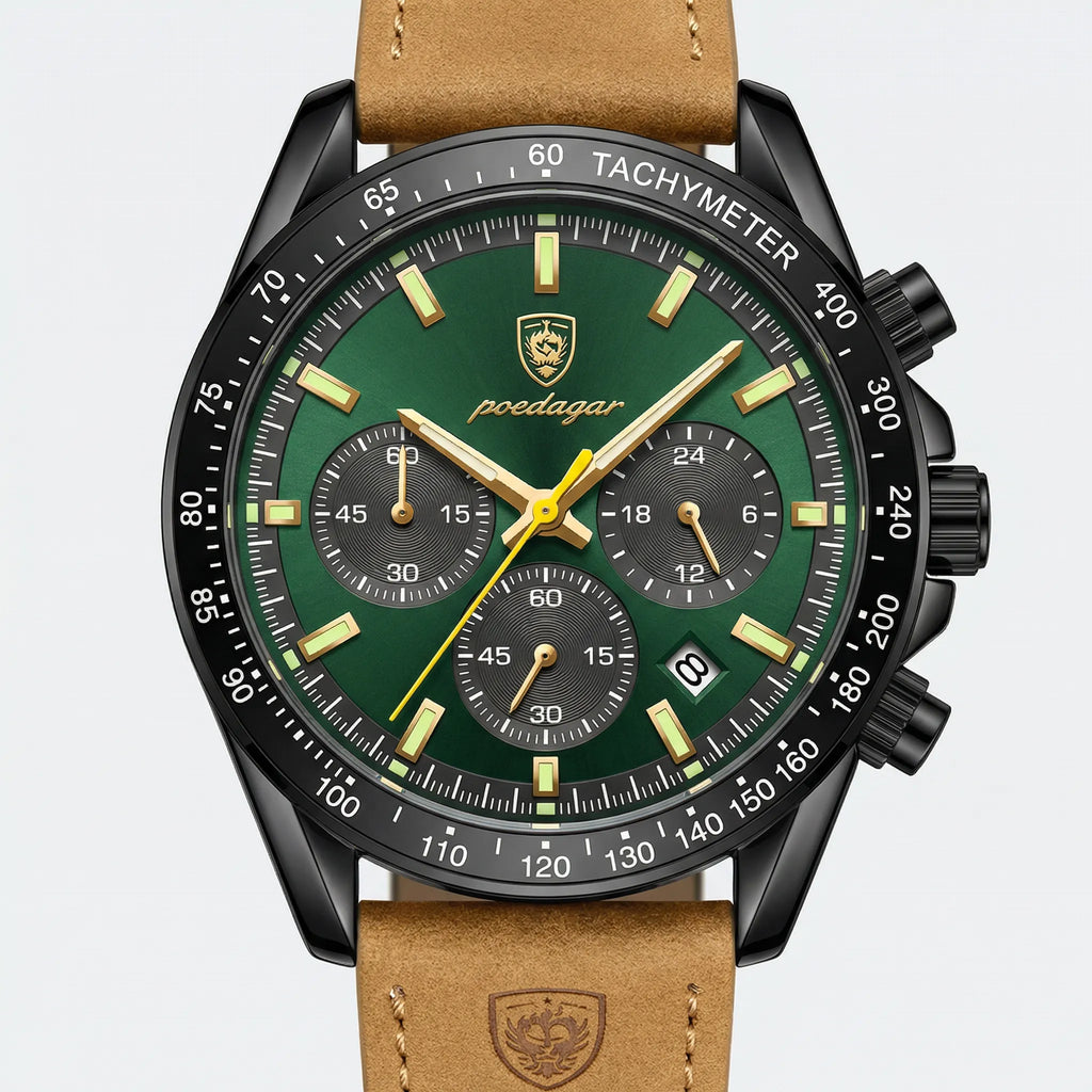 Detailed front view of a rugged sport watch with a black and green design, a durable chronograph watch.