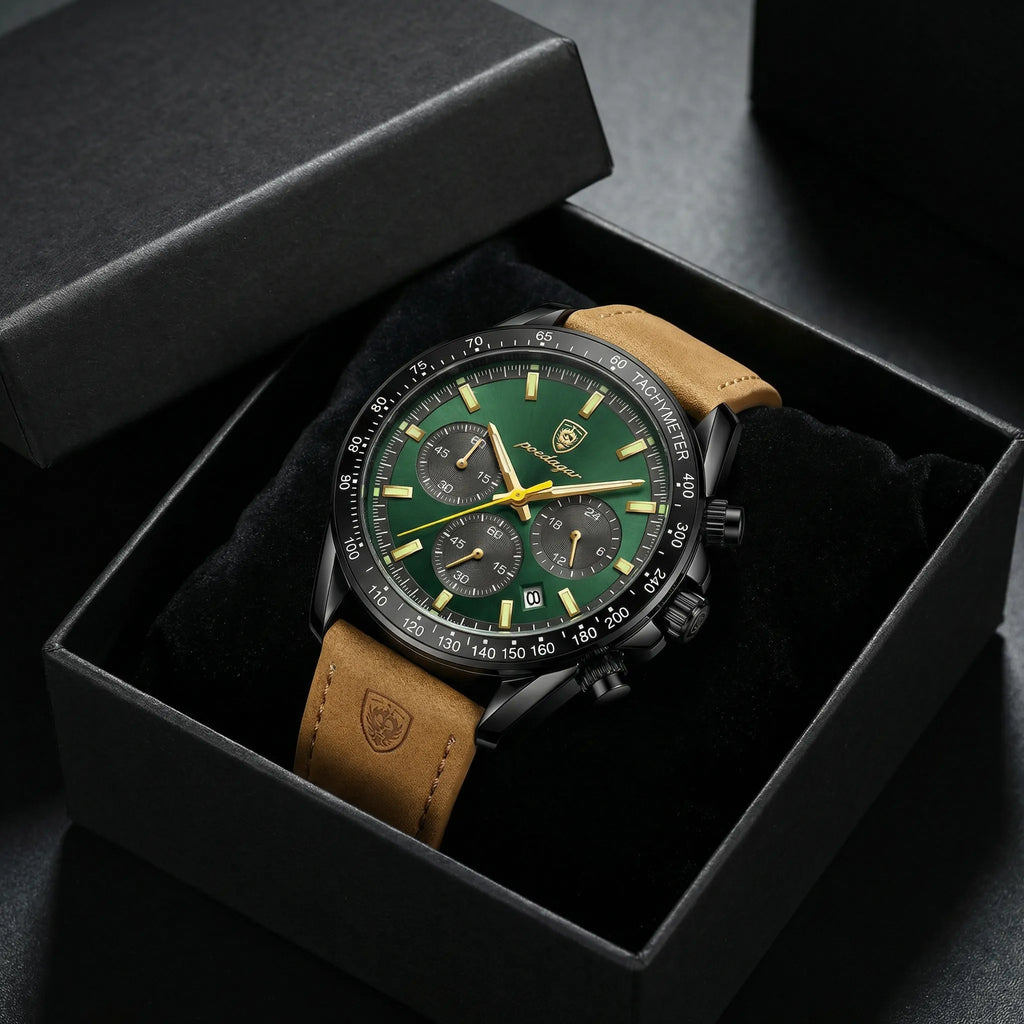Man wearing a rugged black and green sport watch on his wrist, an excellent wrist watch for active men.