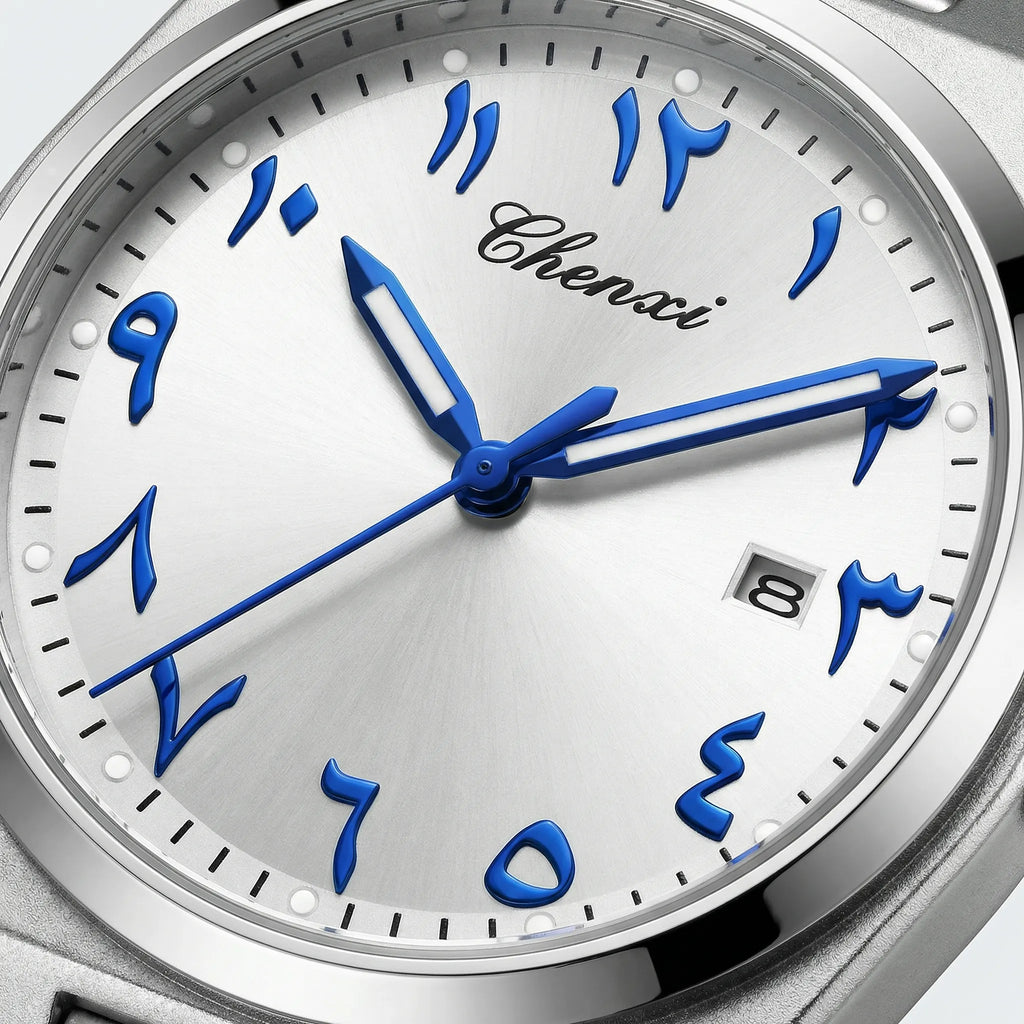 Angled presentation of a unique silver watch, showcasing a complex mechanical design.