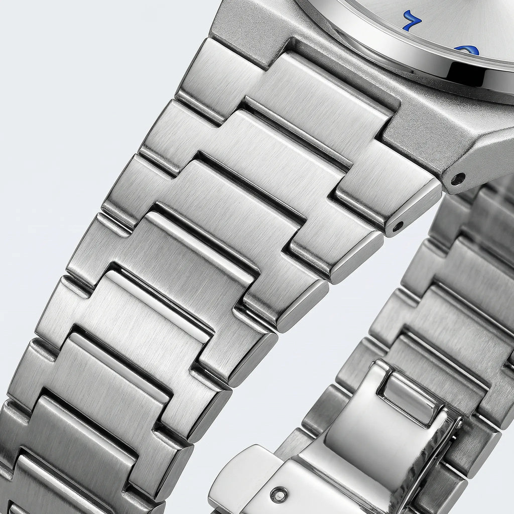 Side profile showing the durable case of a mechanical style Arabic dial watch.