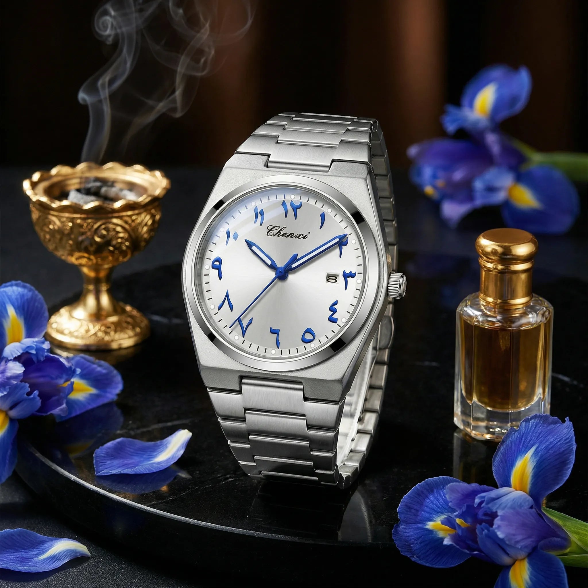 Detailed view of the polished stainless steel bracelet on a mechanical style Arabic dial watch.