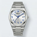 Detailed front view of a mechanical style watch with an Arabic dial, an intricate analog watch for men.