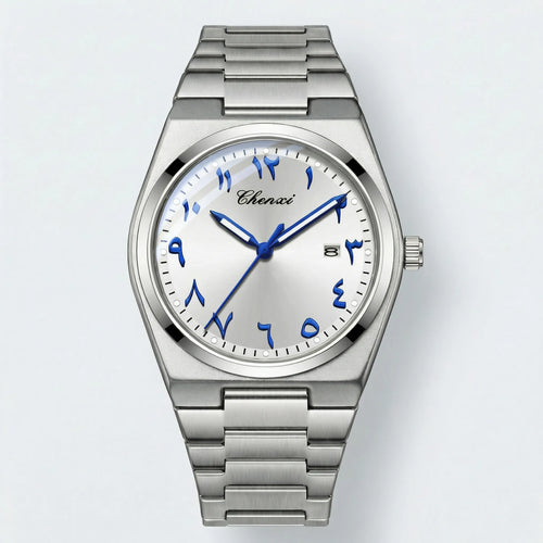 Detailed front view of a mechanical style watch with an Arabic dial, an intricate analog watch for men.