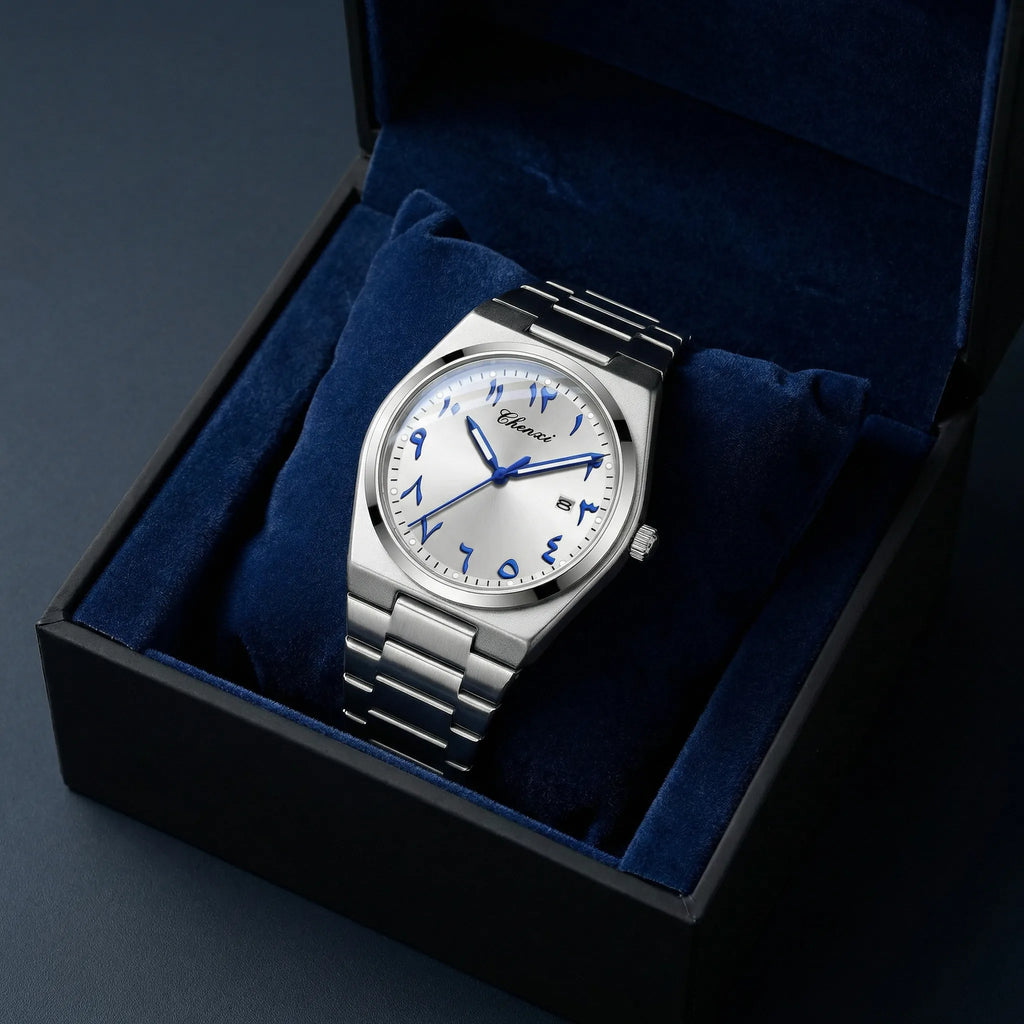 Man wearing a unique mechanical style watch with a silver Arabic dial on his wrist, showcasing bold style.