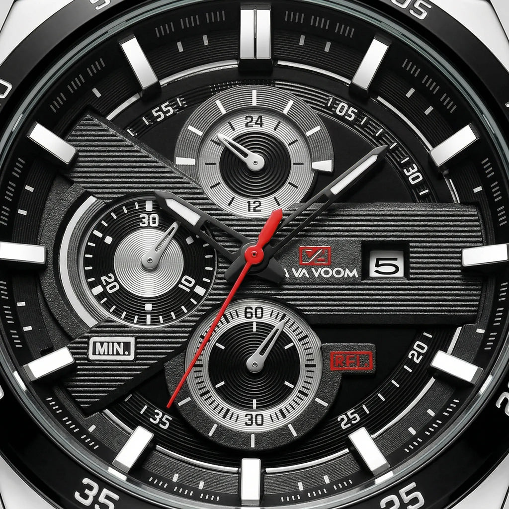 Close-up of the large black dial on a classic watch, highlighting its prominent big dial design.