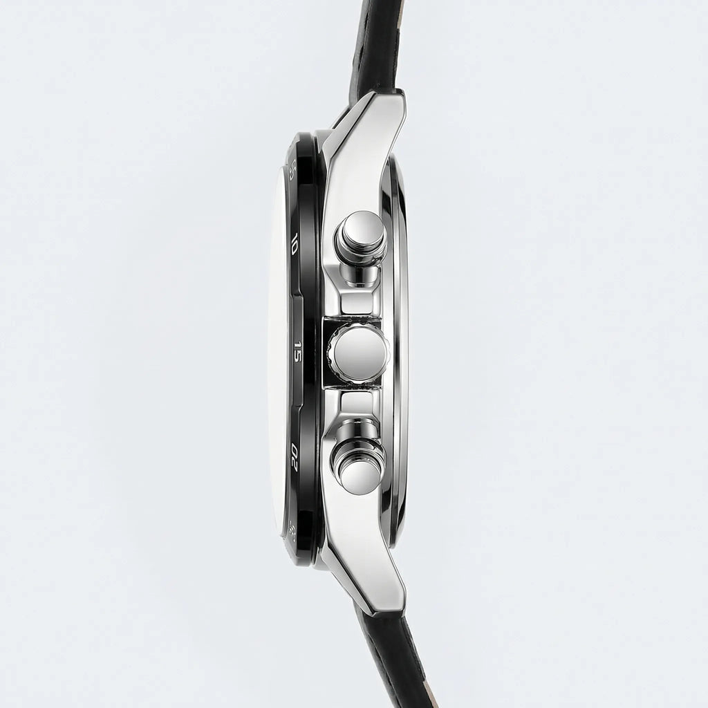 Angled presentation of a luxury watch with a black leather strap, an elegant analog watch.