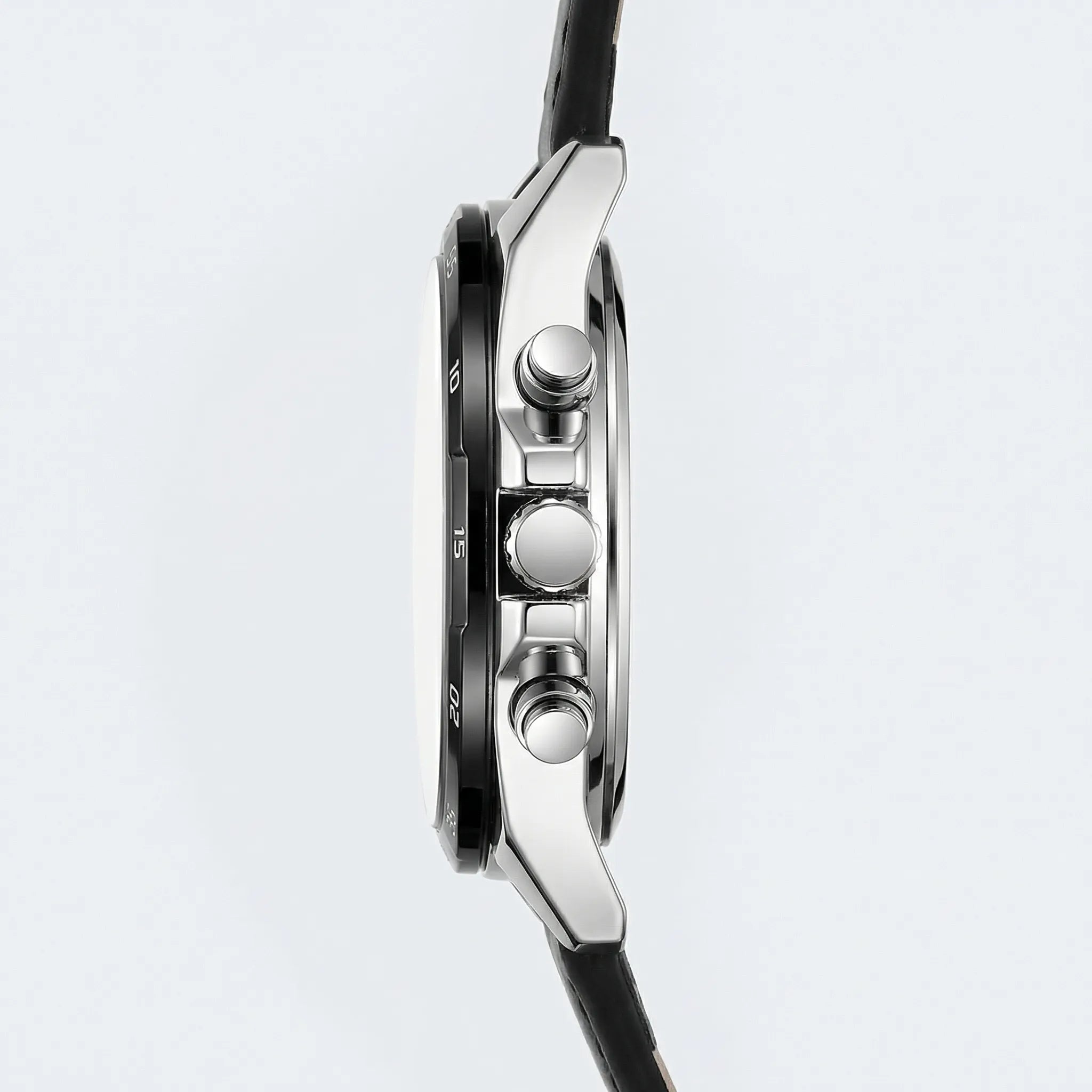 Angled presentation of a luxury watch with a black leather strap, an elegant analog watch.