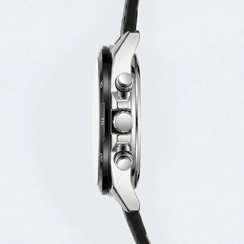 Angled presentation of a luxury watch with a black leather strap, an elegant analog watch.