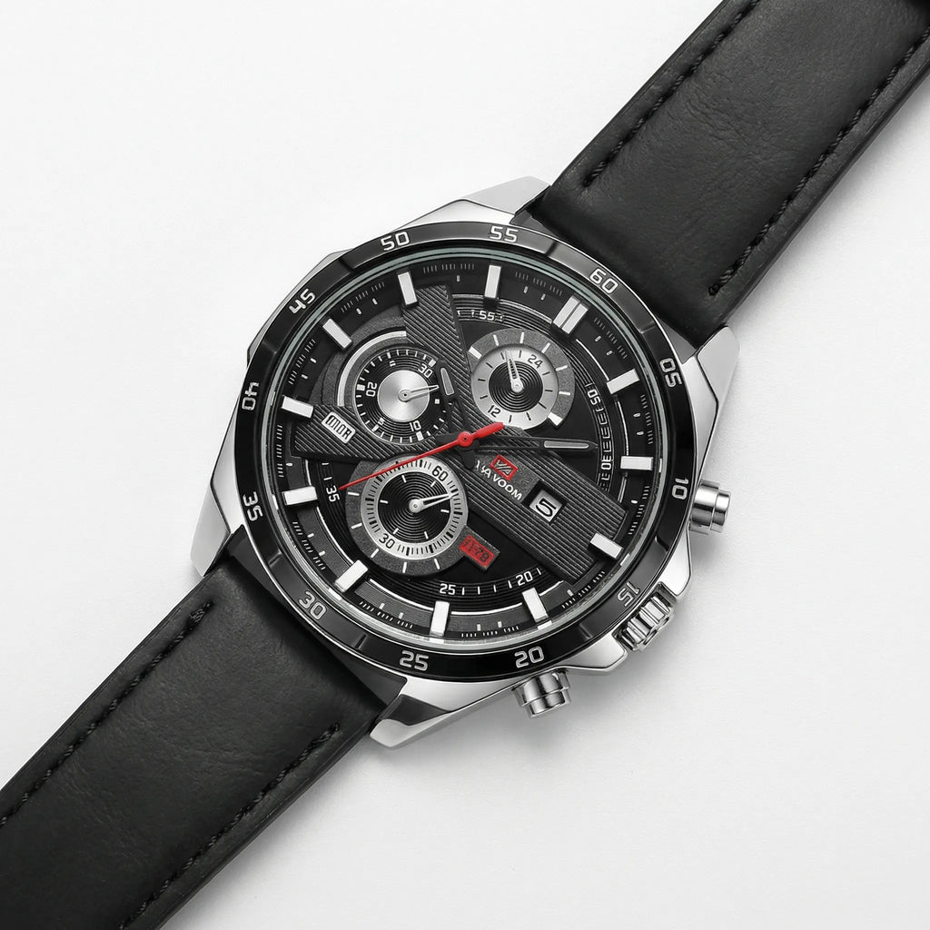 Classic straight-on view of a watch with a black dial, a versatile and casual watch.