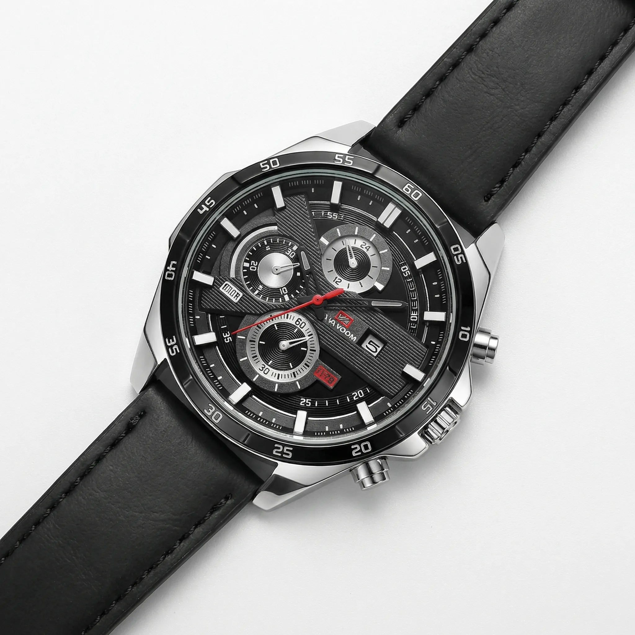 Classic straight-on view of a watch with a black dial, a versatile and casual watch.