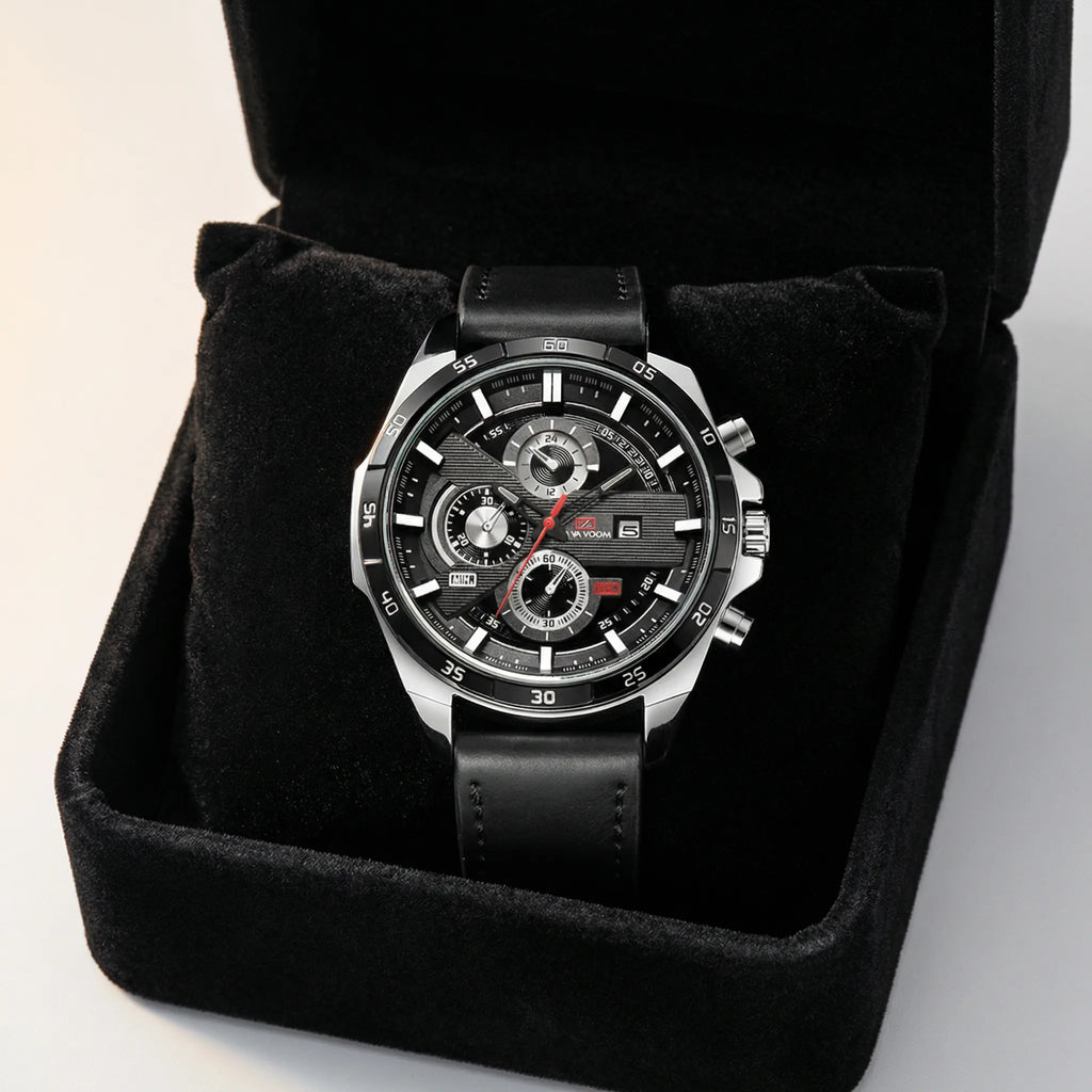 Front presentation of a black dial classic watch, a striking black watch for men.