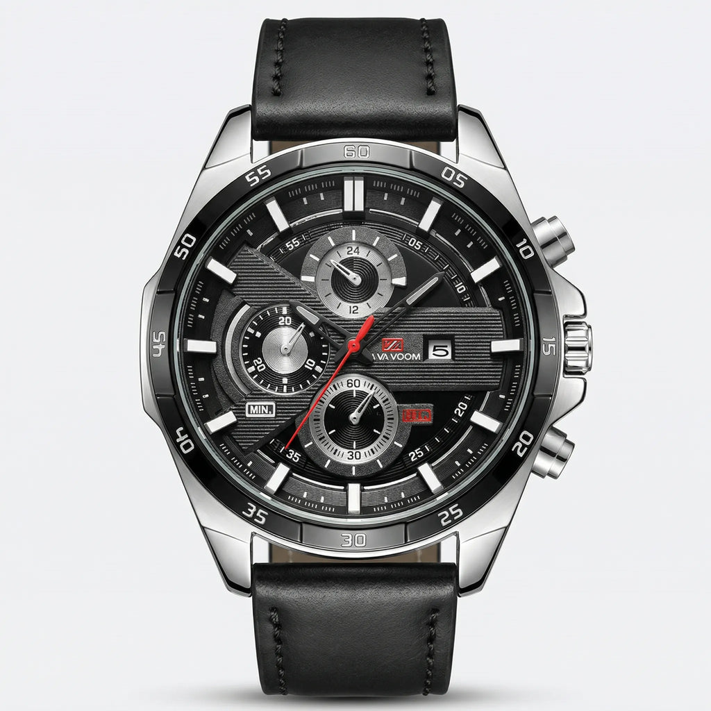 Detailed front view of a classic watch with a black dial and black leather strap, a stylish everyday watch.