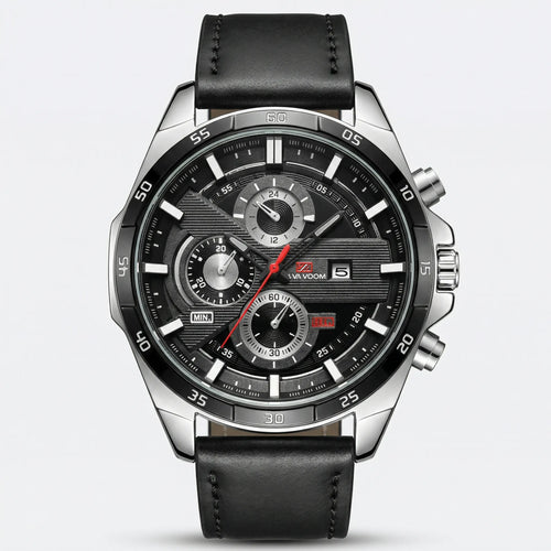 Detailed front view of a classic watch with a black dial and black leather strap, a stylish everyday watch.