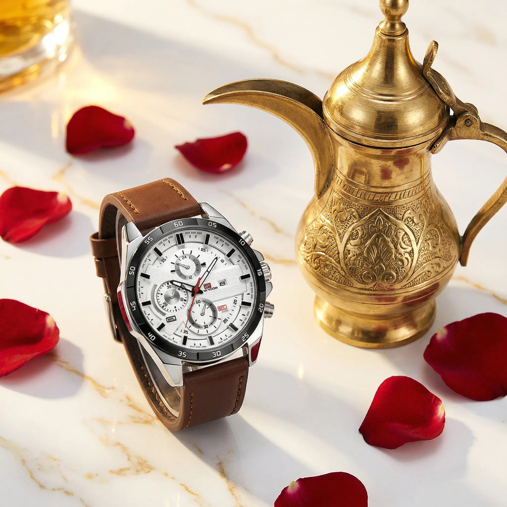 Detailed look at the rich brown leather strap on a classic everyday watch.