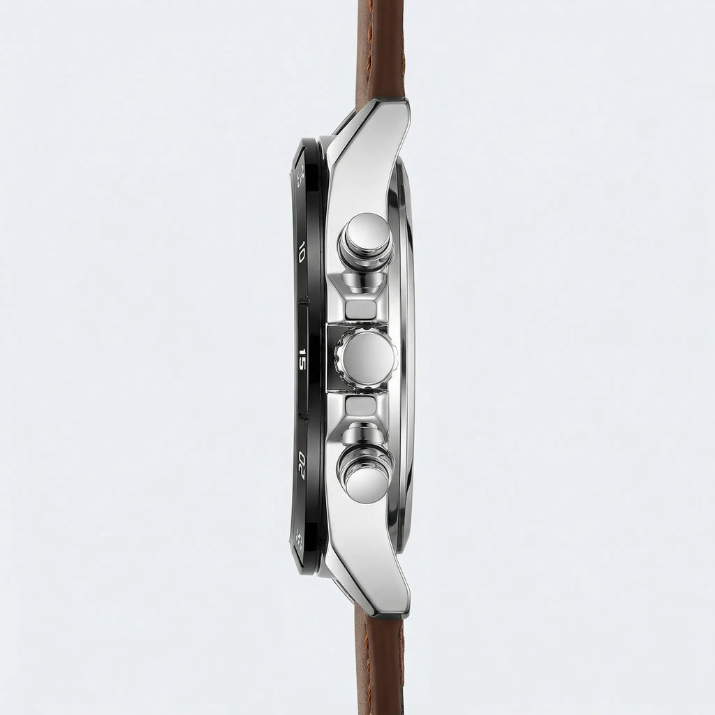 Angled presentation of an everyday watch with a brown leather strap, a highly reliable analog watch.