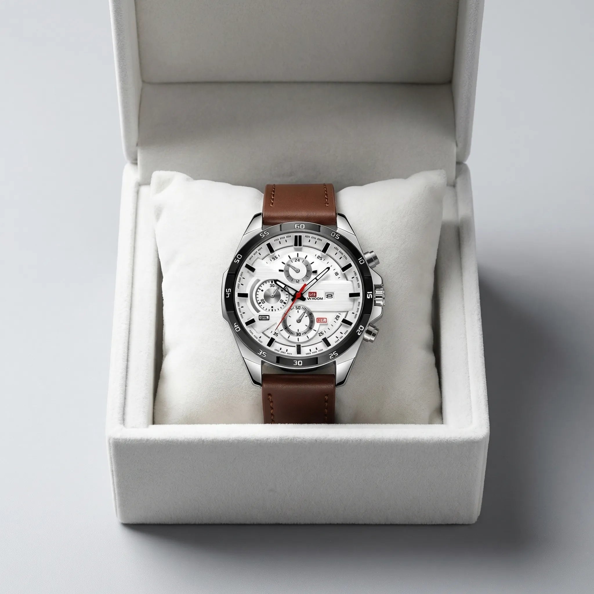 Man wearing a classic watch with a brown leather strap on his wrist, a perfect wrist watch for men.