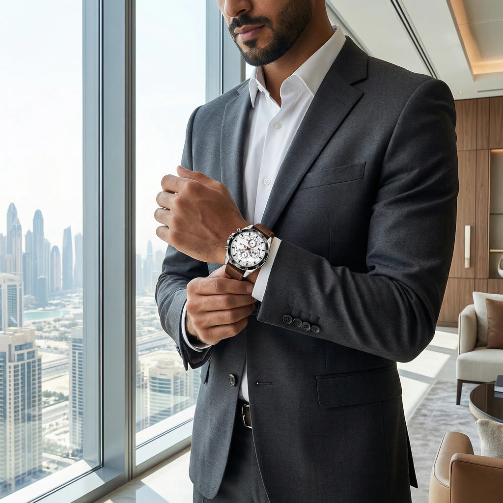 Premium casual watch with a brown leather strap presented in a gift box, an excellent analog watch.