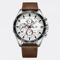 Detailed front view of a classic watch with a white dial and brown leather strap, a versatile casual watch.