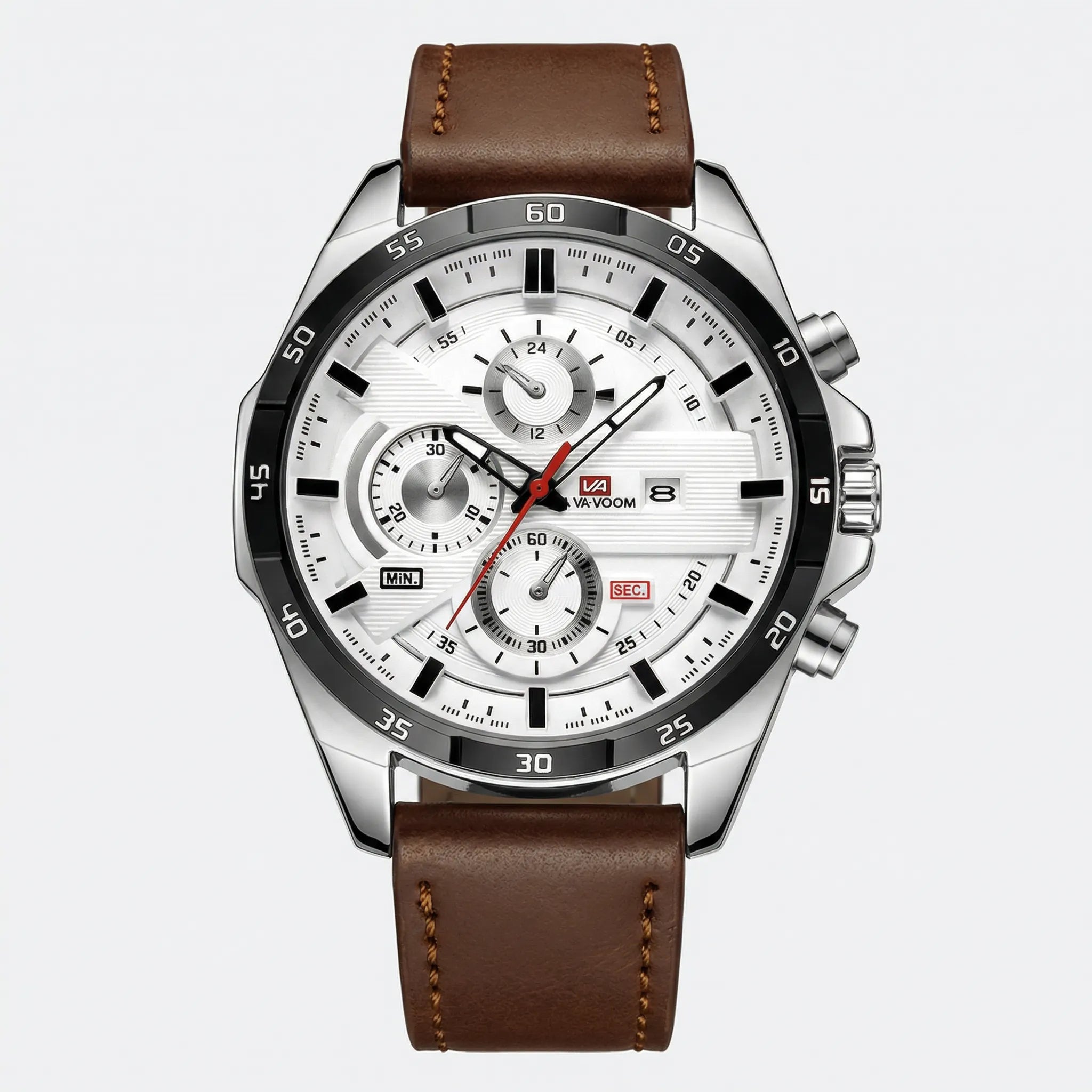 Detailed front view of a classic watch with a white dial and brown leather strap, a versatile casual watch.