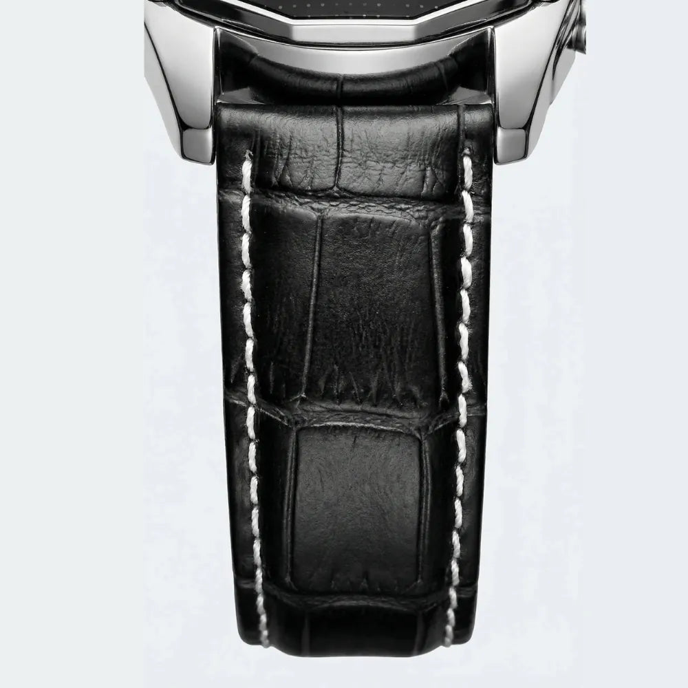 Classic straight-on view of a retro business watch, a timeless analog watch for men.