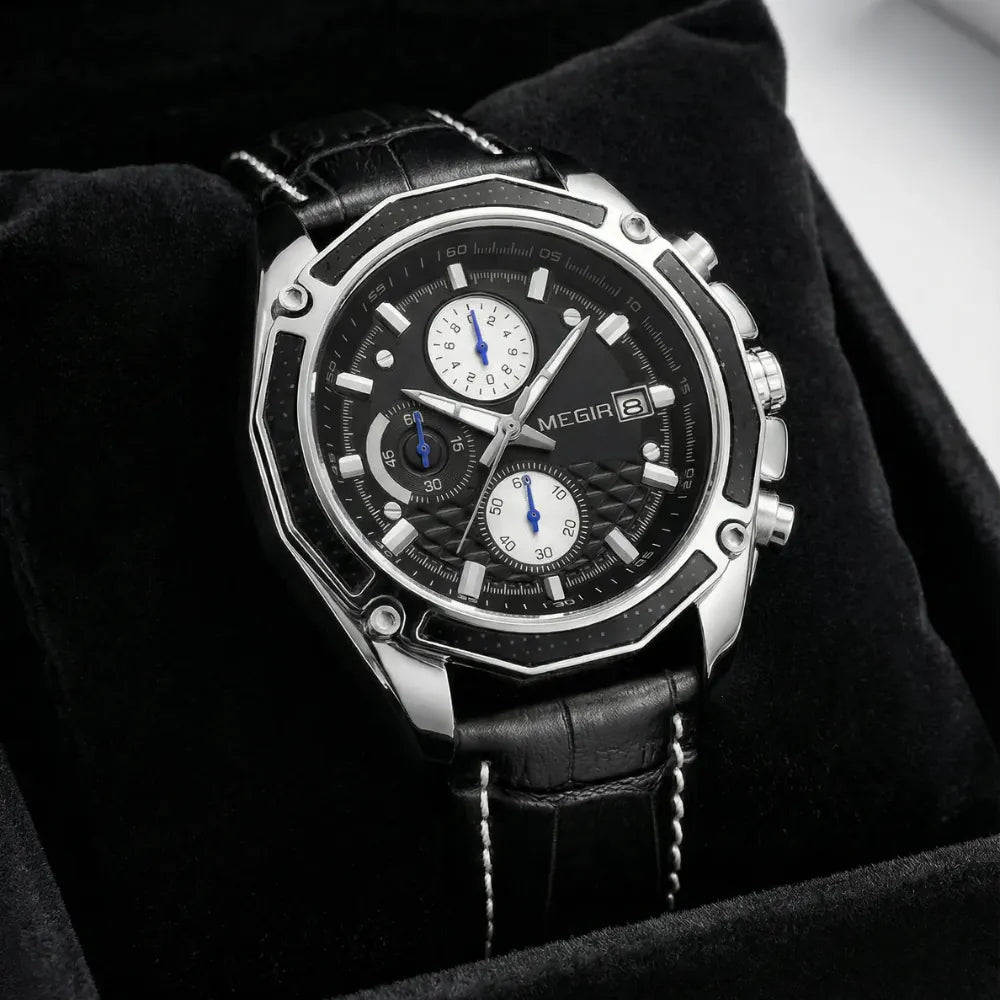 Man wearing a black retro style watch on his wrist, demonstrating a sleek professional look.