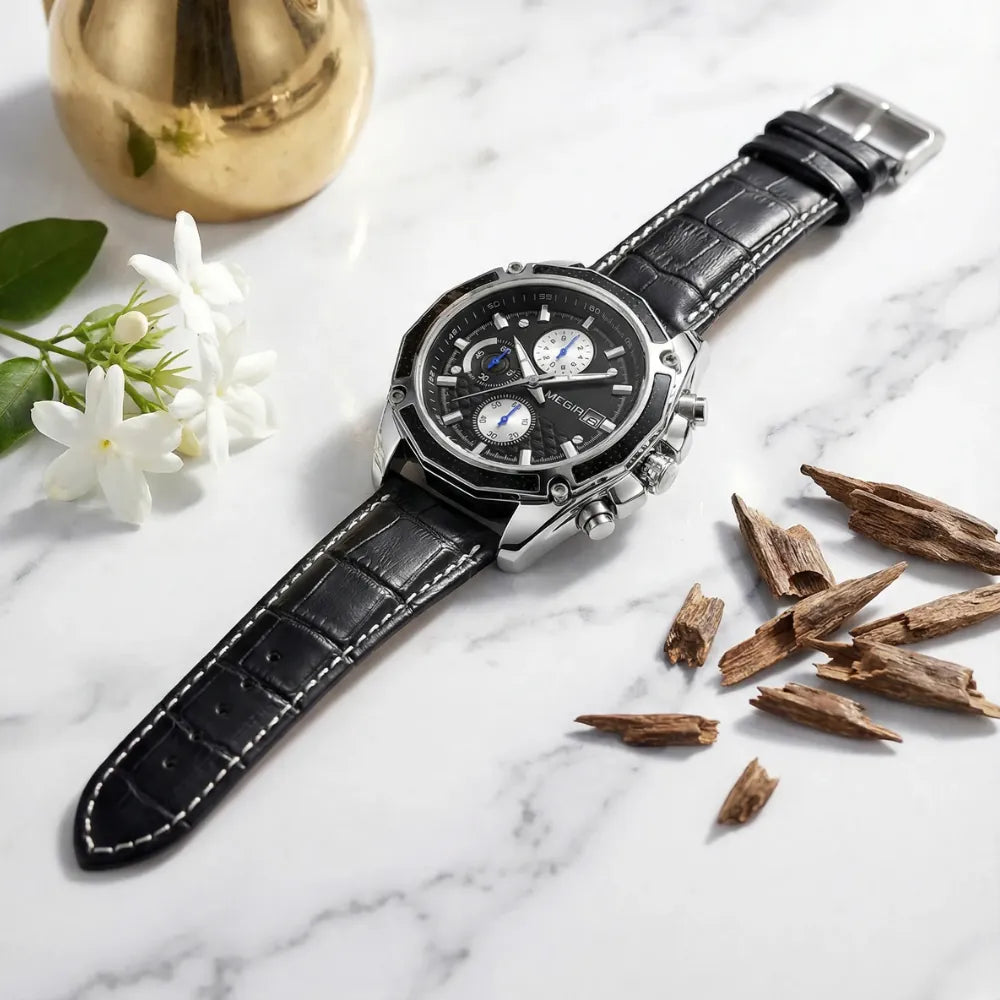 Detailed view of the premium black leather strap on a retro style business watch.