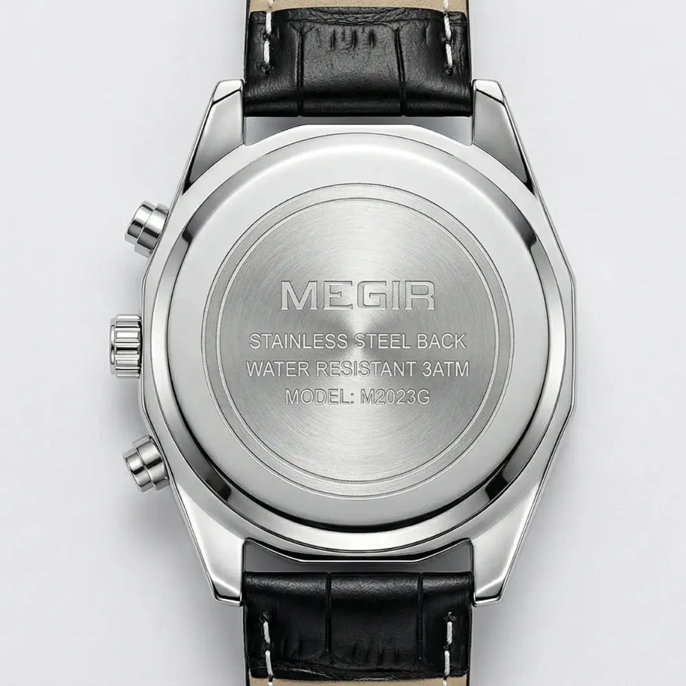 Side profile showcasing the classic case design of a black retro watch with a leather strap.